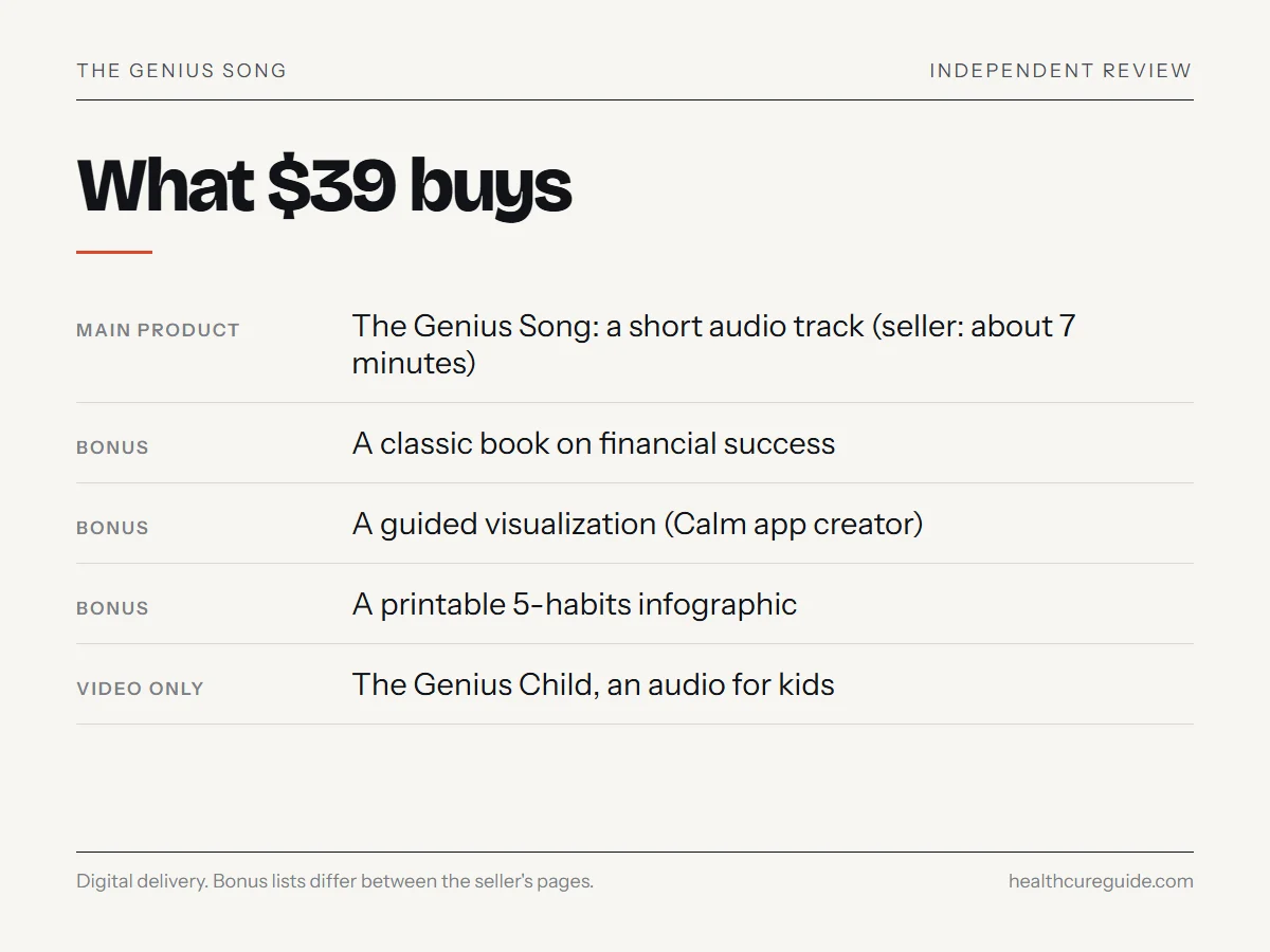 What $39 buys: a short Genius Song audio track and digital bonuses, with bonus lists that differ between the seller's pages